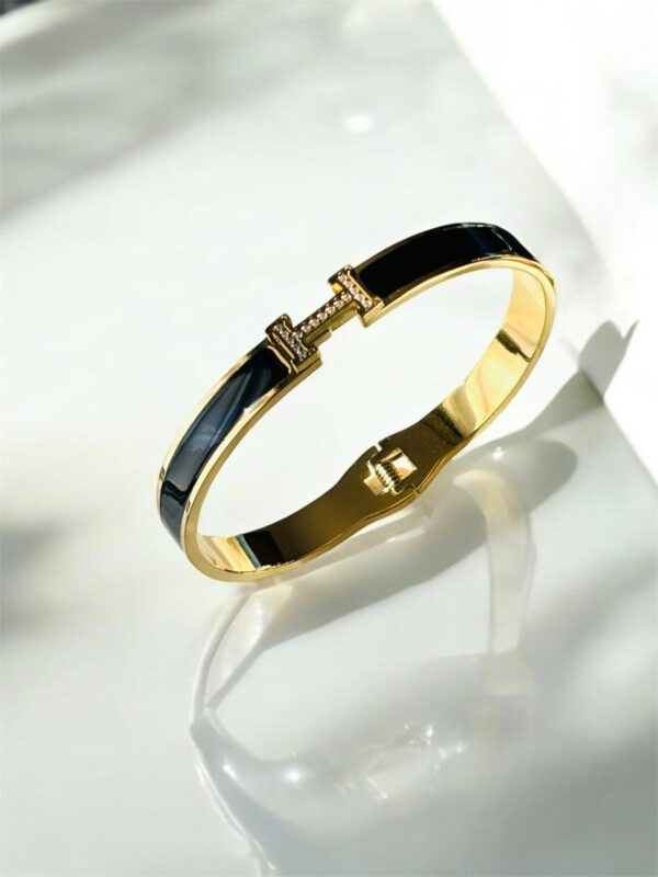 Trendy Gold Letter H Bangle with Black Enamel Inlay