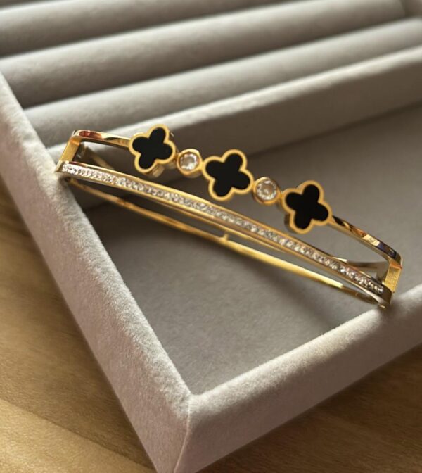 Gold-Plated Clover and Crystal Bangle